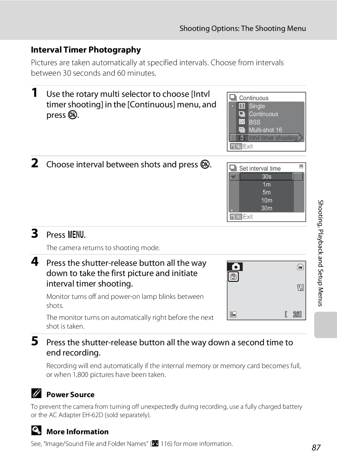 North Star S510 Interval Timer Photography, Choose interval between shots and press k, Power Source, Shot is taken 