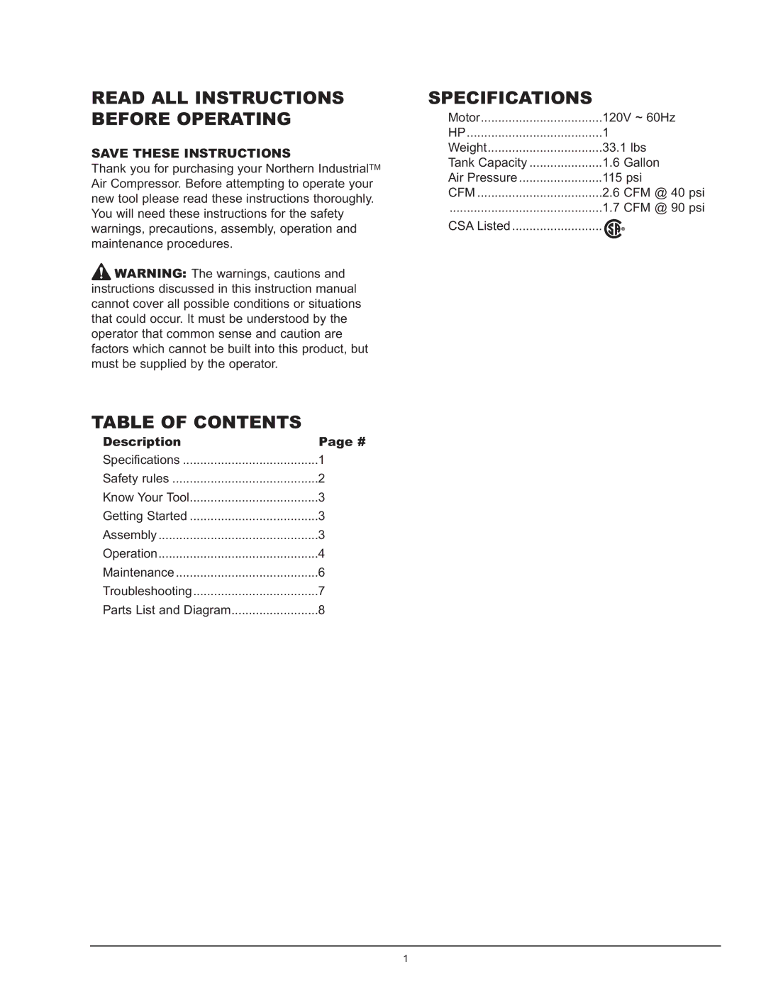 Northern Industrial Tools 1 HP / 1.6 GALLON AIR COMPRESSOR manual Table of Contents 