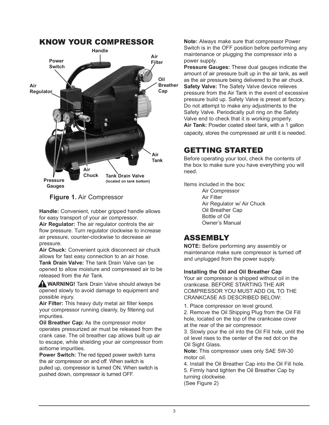 Northern Industrial Tools 1 HP / 1.6 GALLON AIR COMPRESSOR manual Know Your Compressor, Getting Started, Assembly 