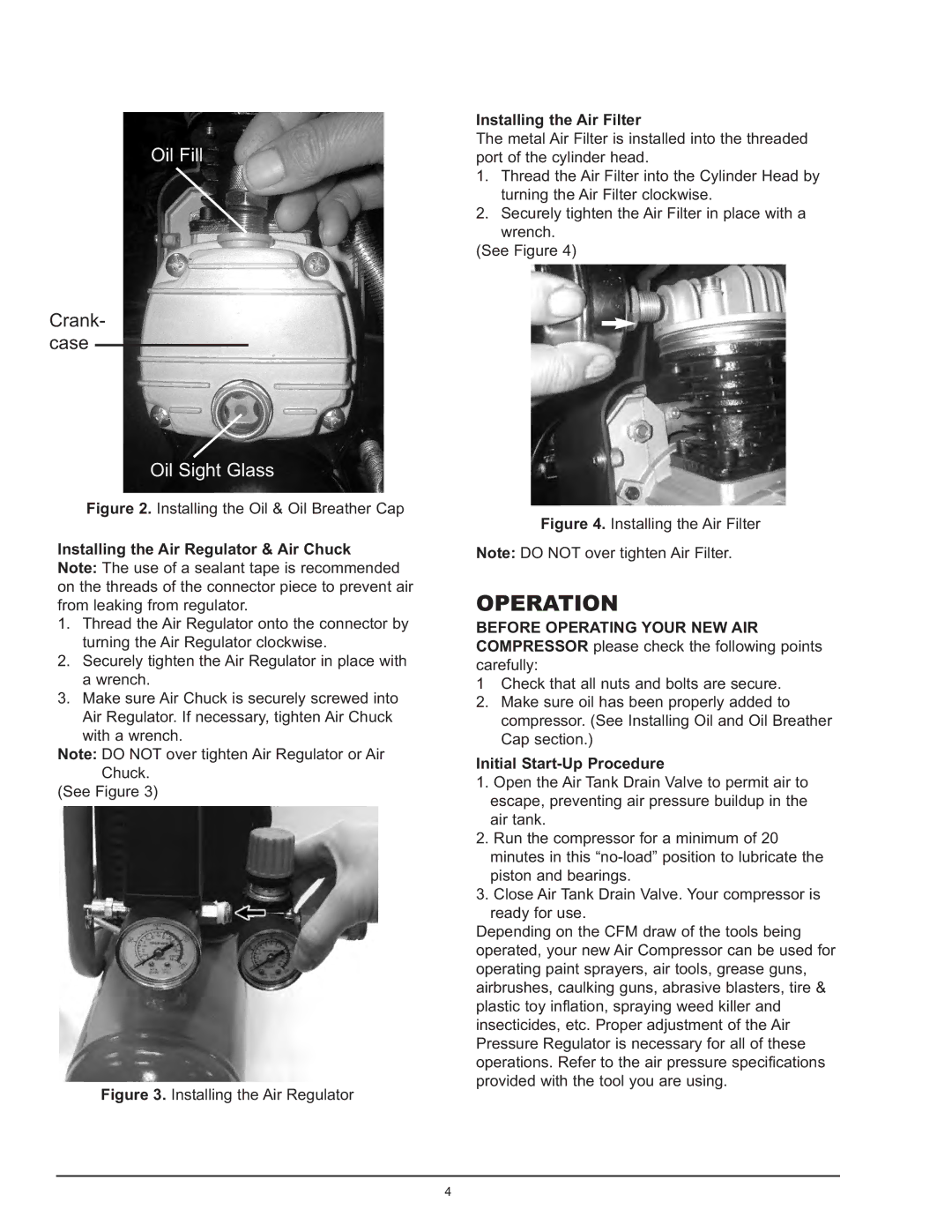 Northern Industrial Tools 1 HP / 1.6 GALLON AIR COMPRESSOR manual Operation, Installing the Air Regulator & Air Chuck 