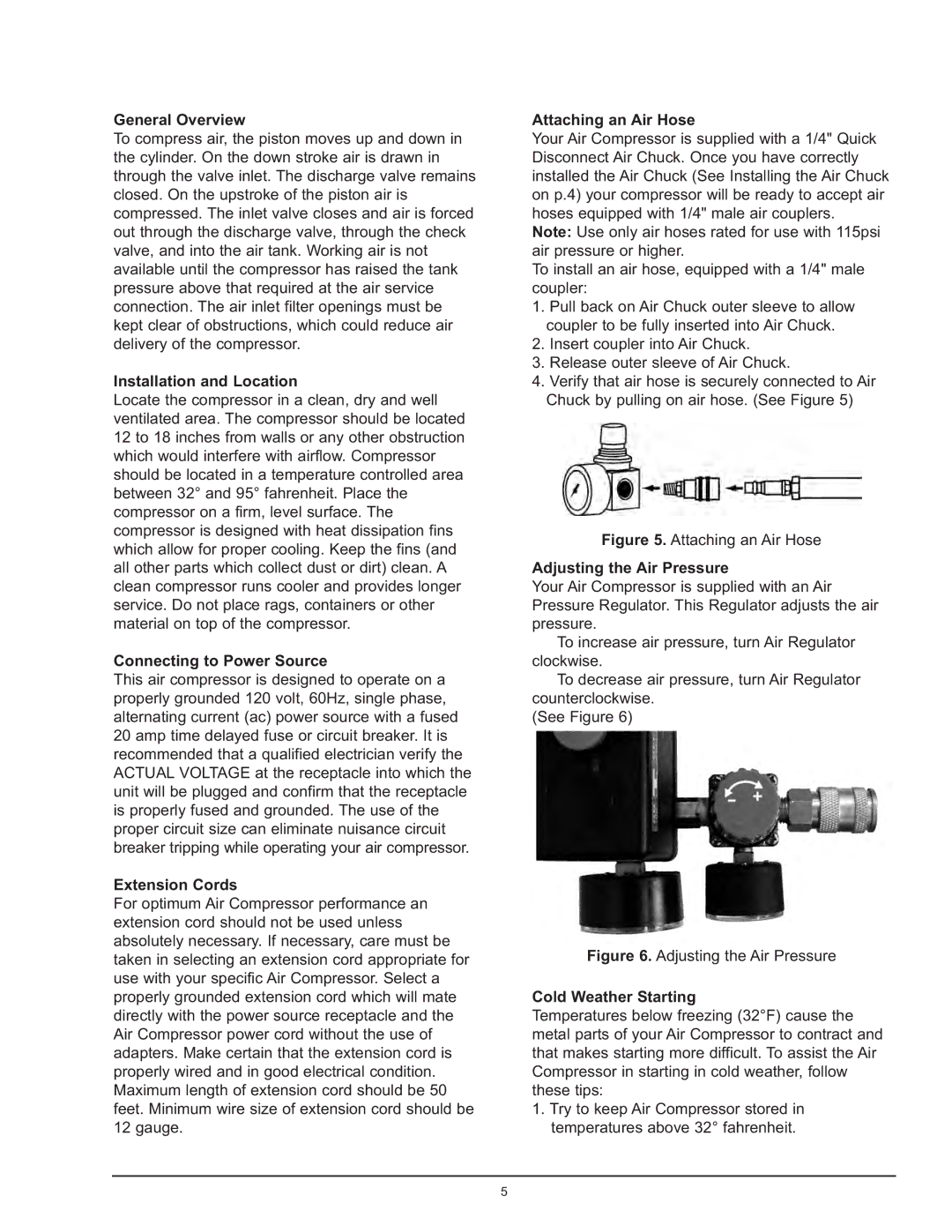 Northern Industrial Tools 1 HP / 1.6 GALLON AIR COMPRESSOR General Overview, Installation and Location, Extension Cords 