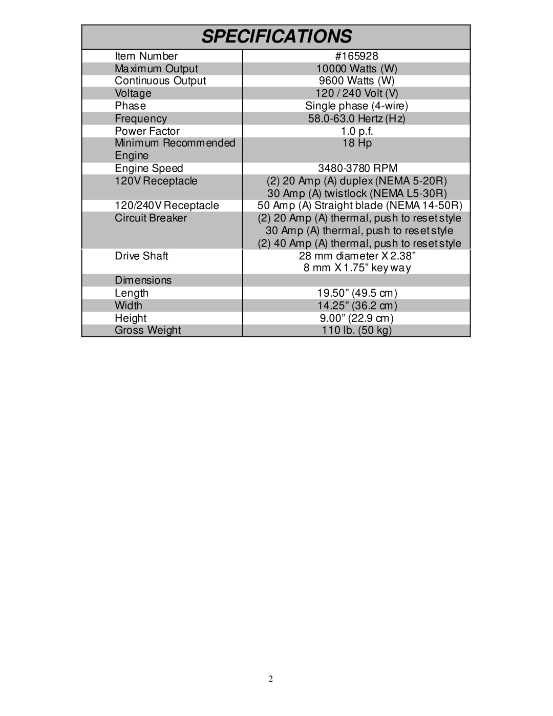 Northern Industrial Tools 10000 BDG owner manual Specifications 