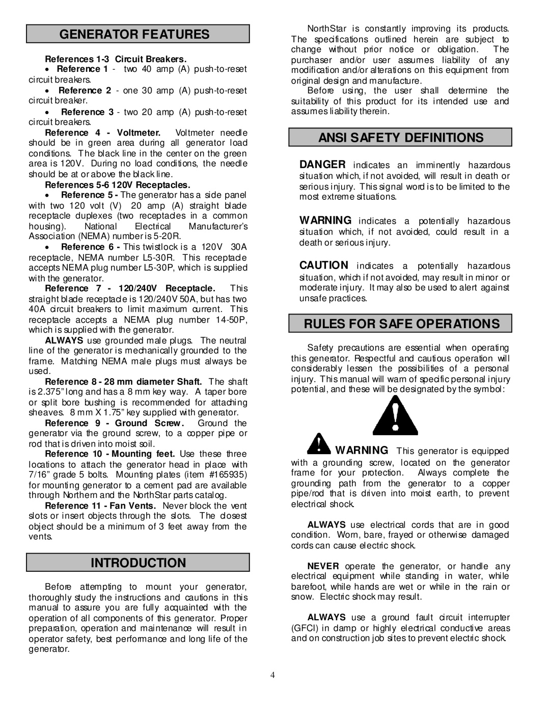 Northern Industrial Tools 10000 BDG Generator Features, Introduction, Ansi Safety Definitions Rules for Safe Operations 