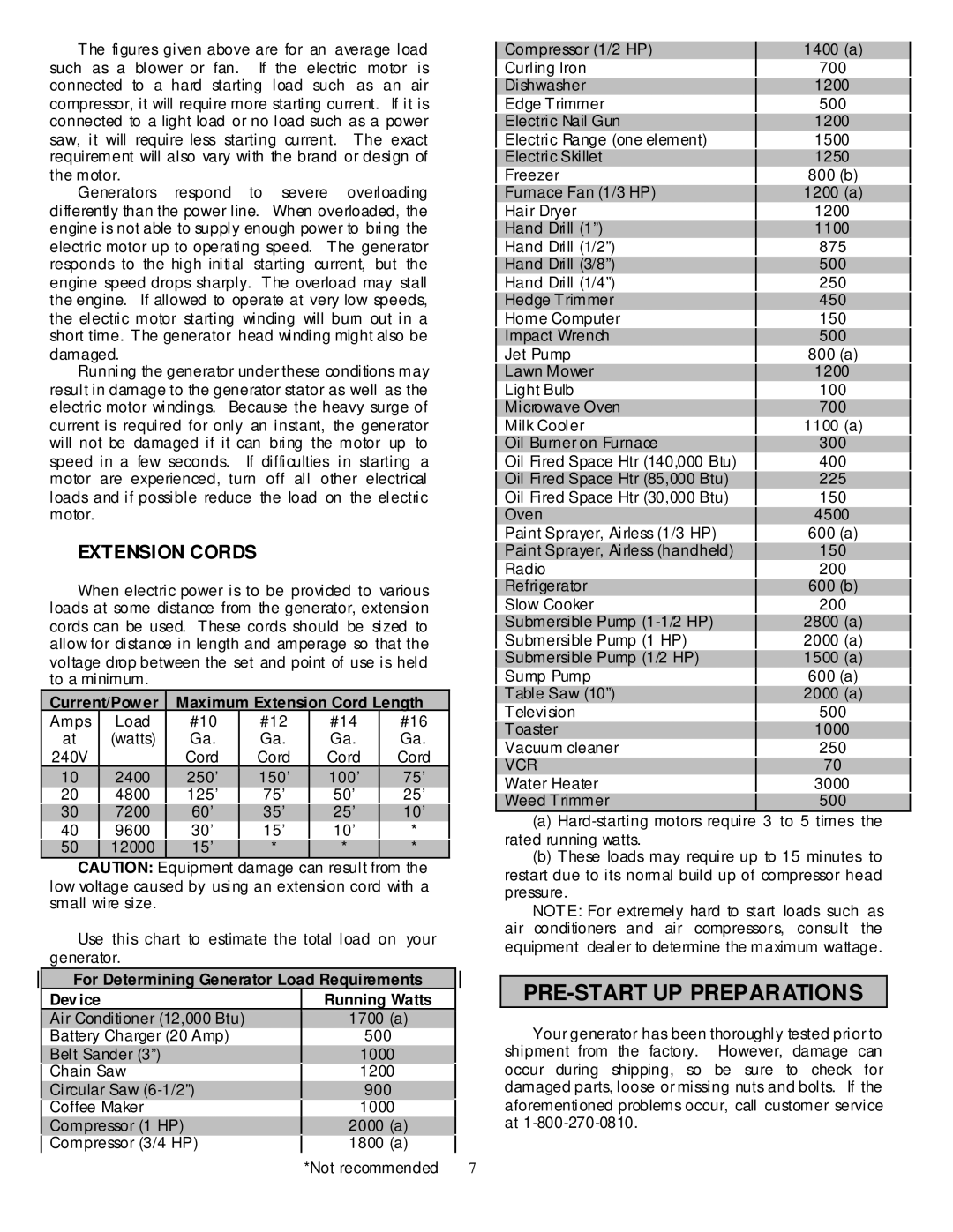 Northern Industrial Tools 10000 BDG owner manual PRE-START UP Preparations, Extension Cords, Vcr 