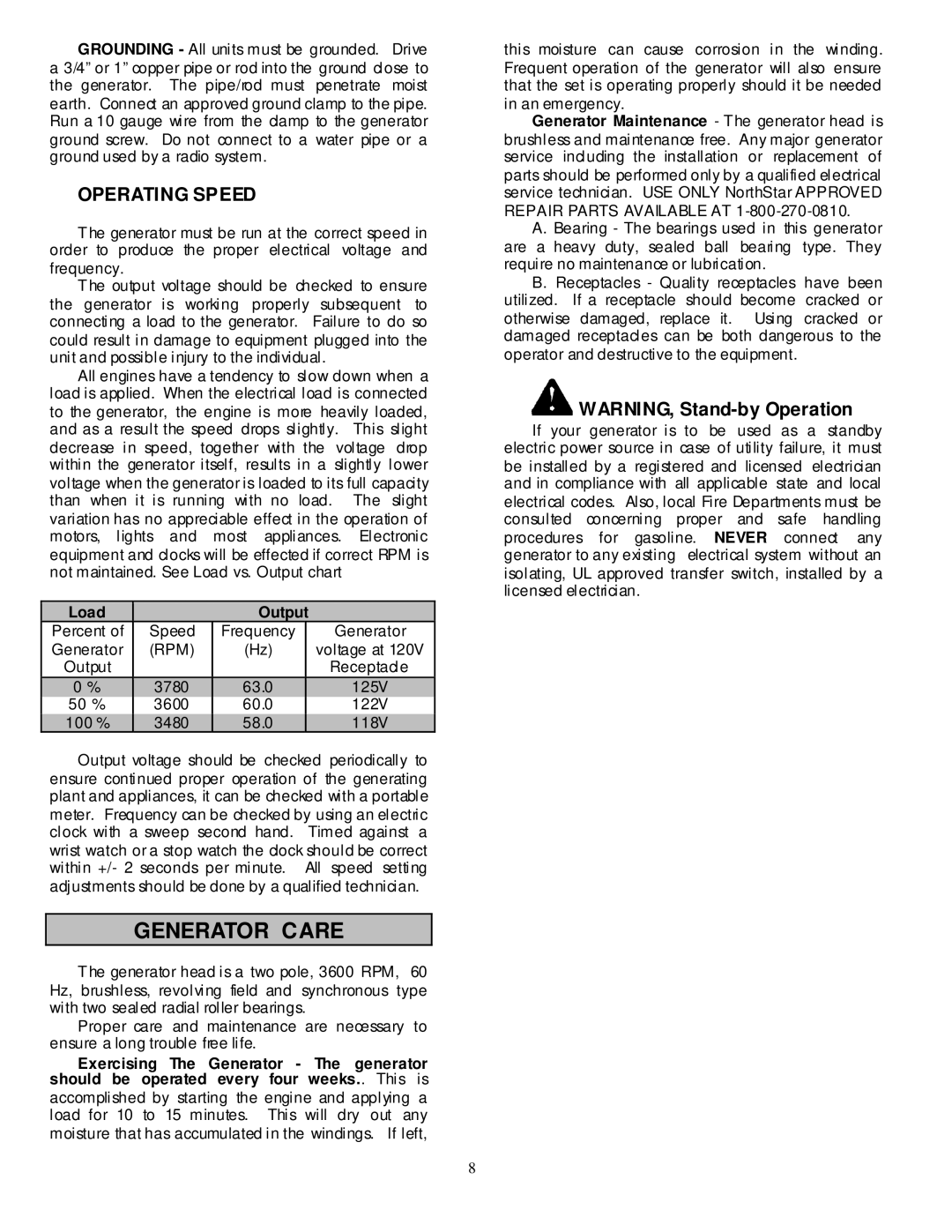 Northern Industrial Tools 10000 BDG owner manual Generator Care, Operating Speed, Load Output, Rpm 