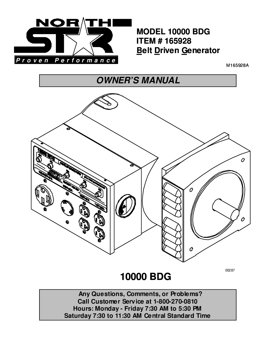 Northern Industrial Tools owner manual MODEL 10000 BDG ITEM # Belt Driven Generator, P r o v e n P e r f o r m a n c e 