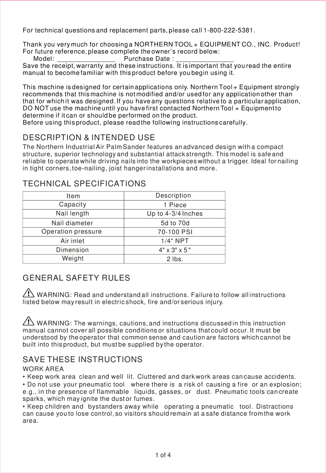 Northern Industrial Tools 112020 manual Description & Intended USE, Technical Specifications, General Safety Rules 