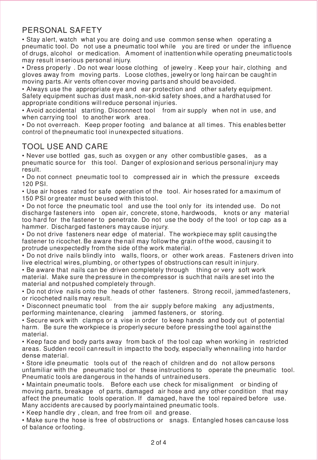 Northern Industrial Tools 112020 manual Personal Safety, Tool USE and Care 