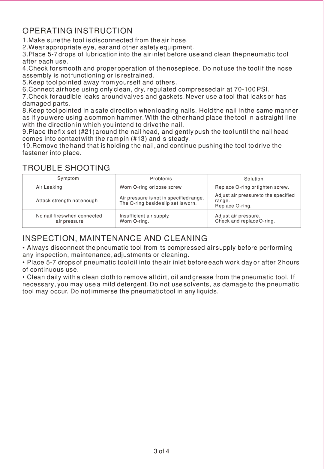 Northern Industrial Tools 112020 manual Operating Instruction, Trouble Shooting, INSPECTION, Maintenance and Cleaning 