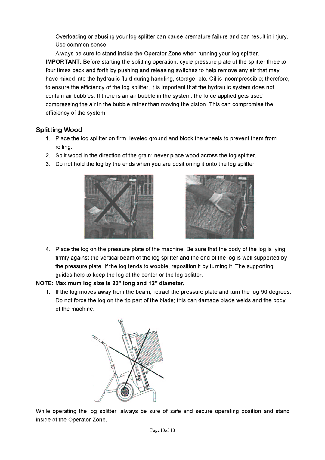 Northern Industrial Tools 1187 owner manual Splitting Wood 