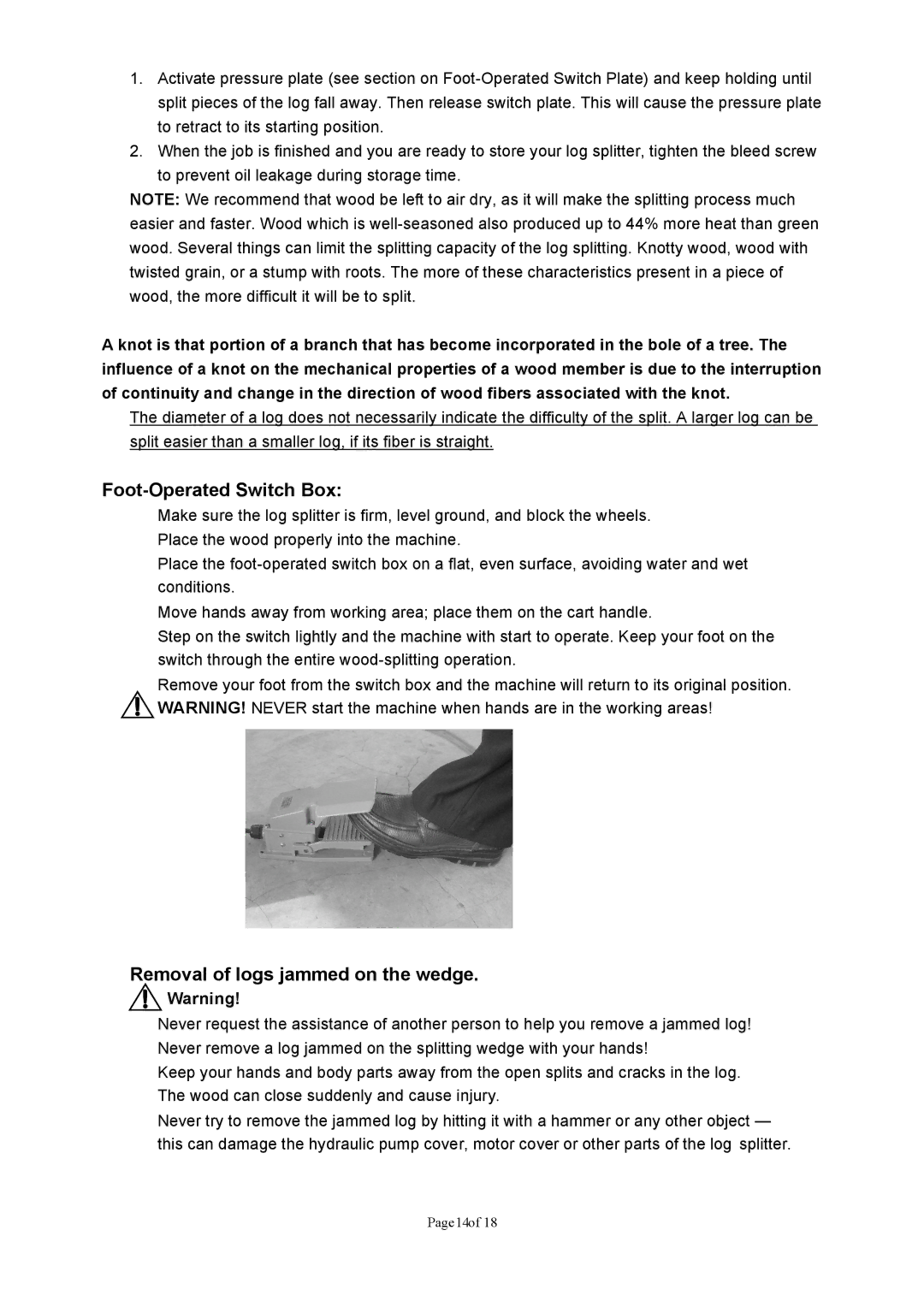 Northern Industrial Tools 1187 owner manual Foot-Operated Switch Box, Removal of logs jammed on the wedge 