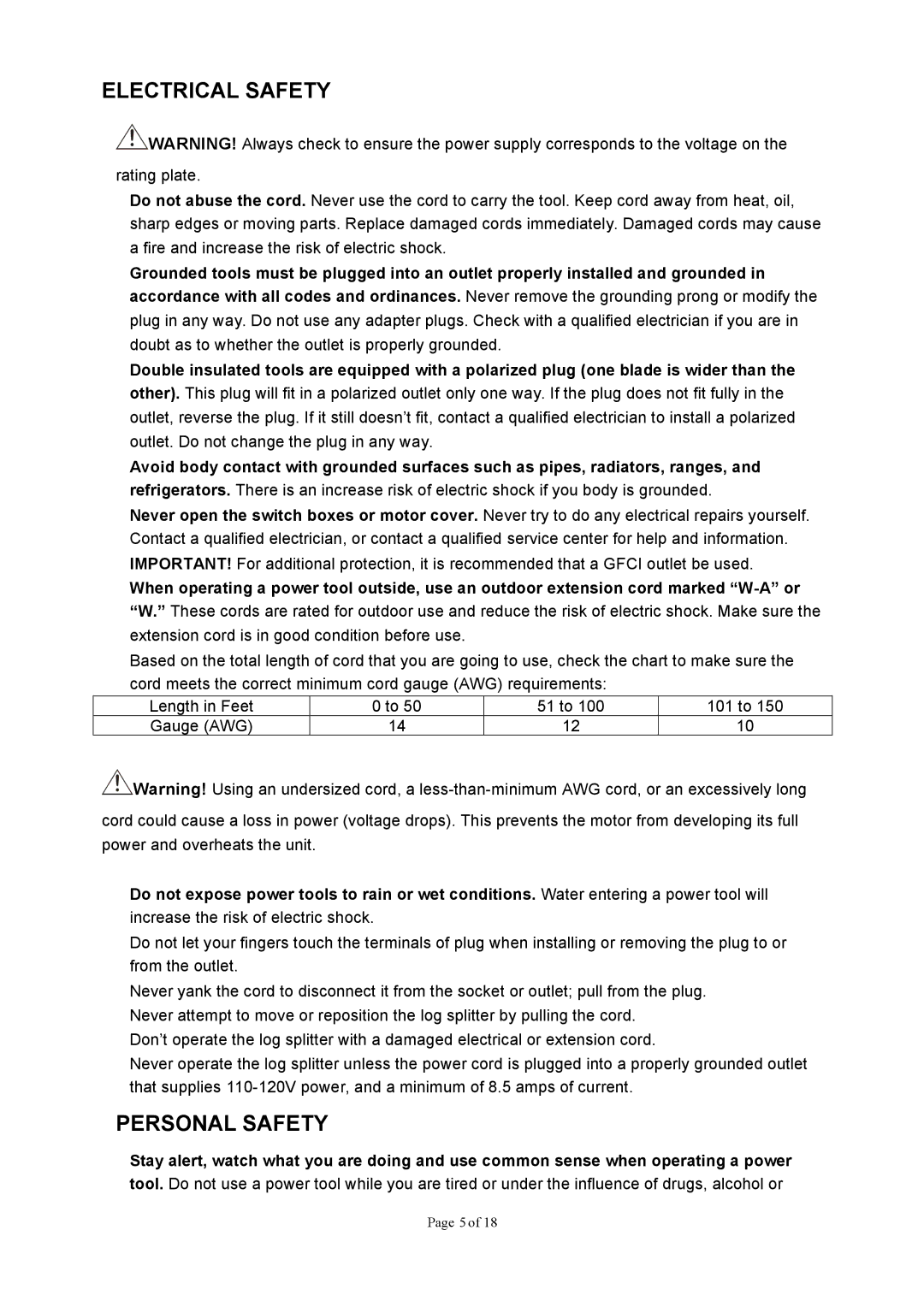 Northern Industrial Tools 1187 owner manual Electrical Safety, Personal Safety 