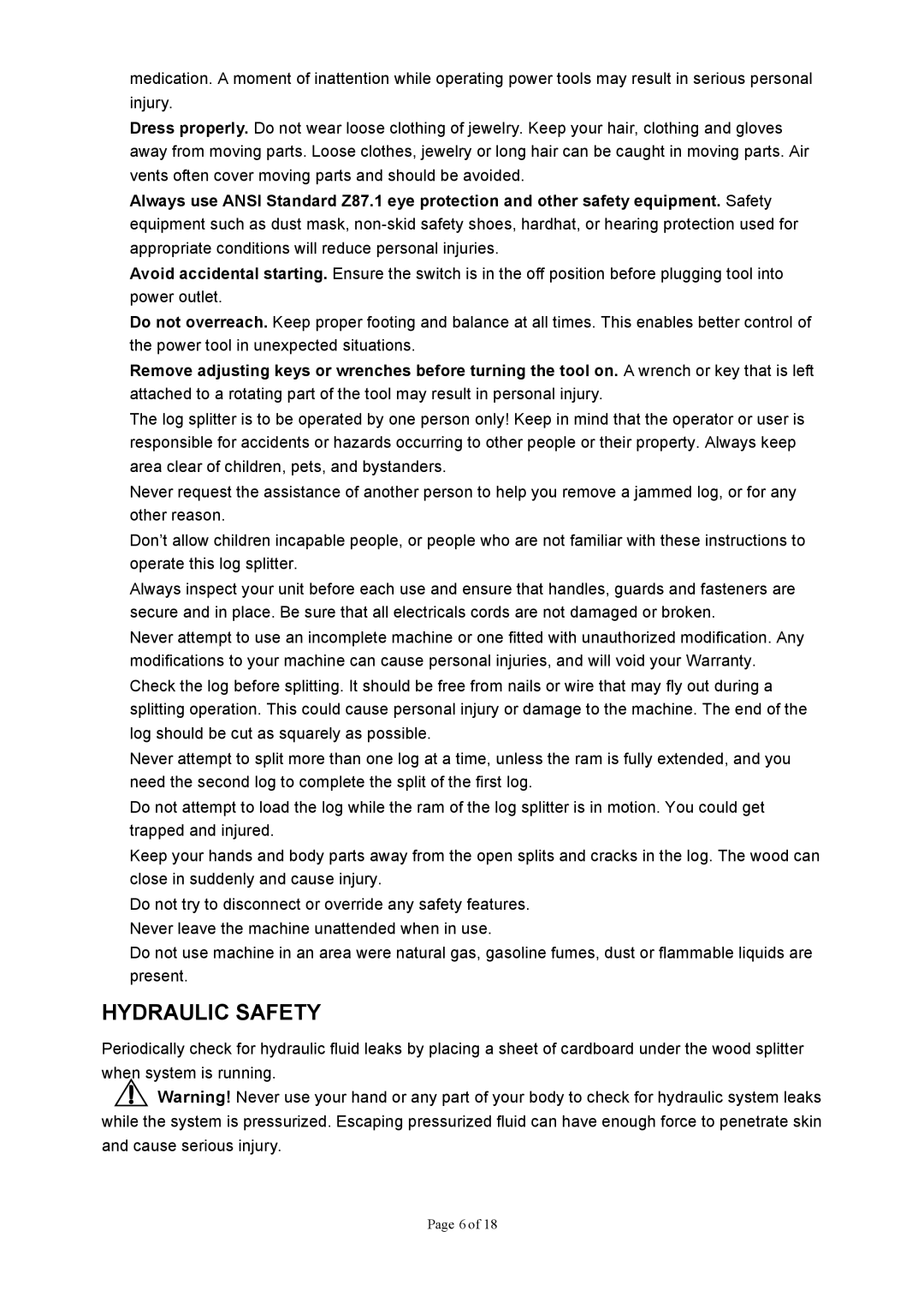 Northern Industrial Tools 1187 owner manual Hydraulic Safety 