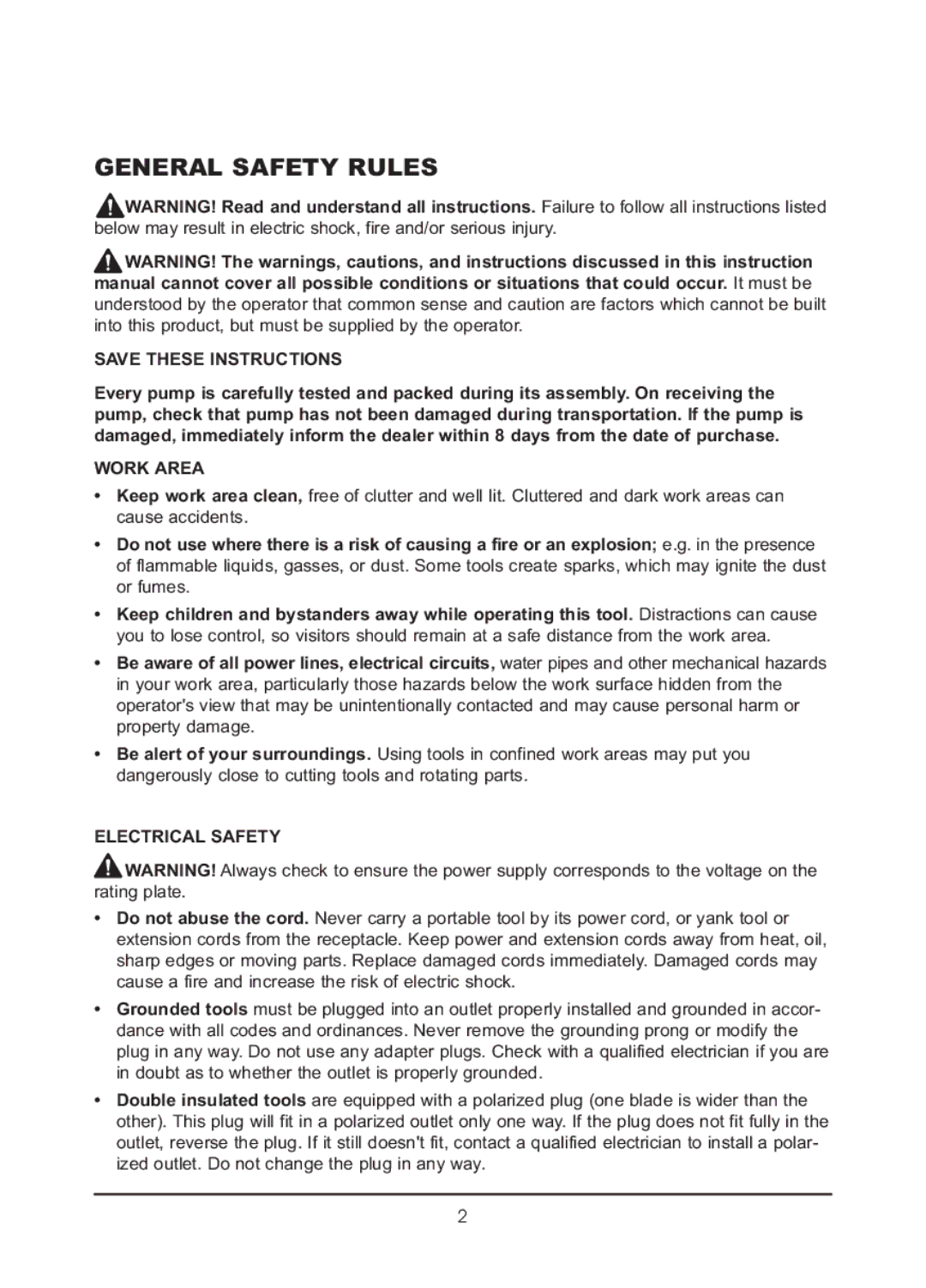 Northern Industrial Tools 1/2 HP SUMP PUMP owner manual General Safety Rules, Work Area, Electrical Safety 