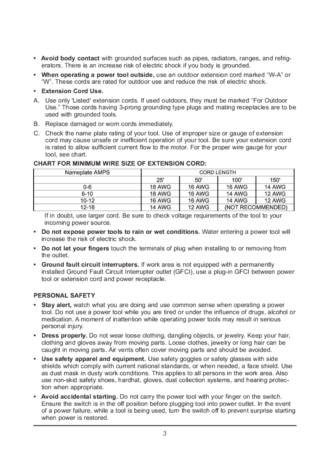 Northern Industrial Tools 1/2 HP SUMP PUMP owner manual Extension Cord Use, Chart for Minimum Wire Size of Extension Cord 