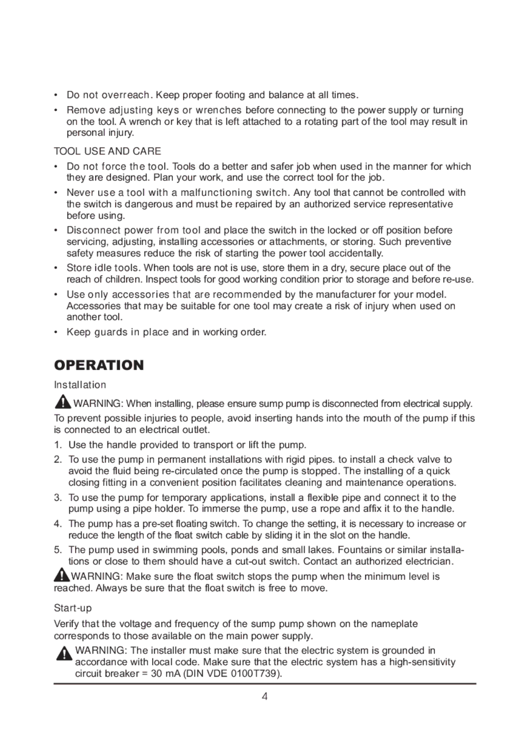 Northern Industrial Tools 1/2 HP SUMP PUMP owner manual Operation, Tool USE and Care, Installation, Start-up 