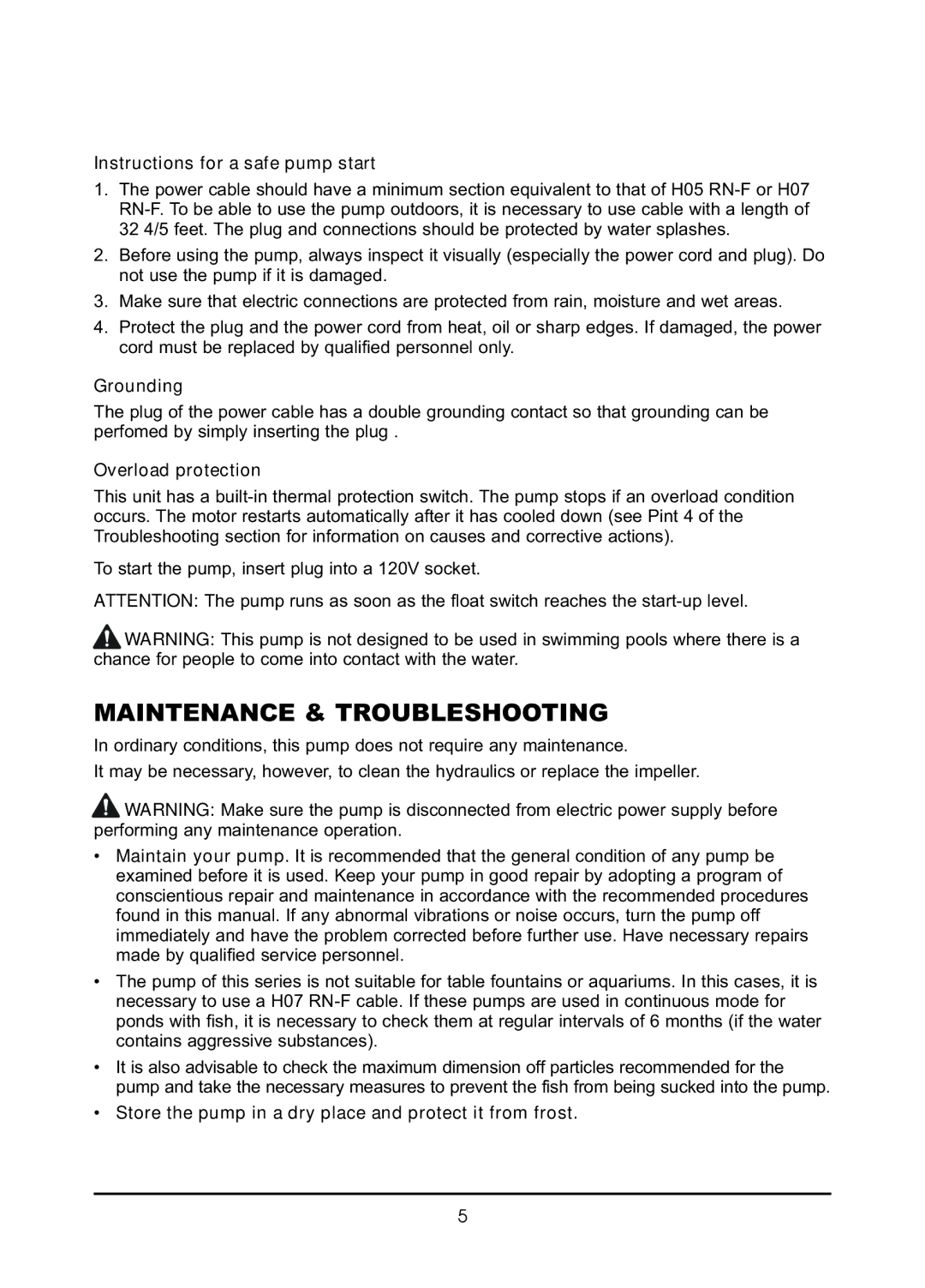 Northern Industrial Tools 1/2 HP SUMP PUMP Maintenance & Troubleshooting, Instructions for a safe pump start, Grounding 