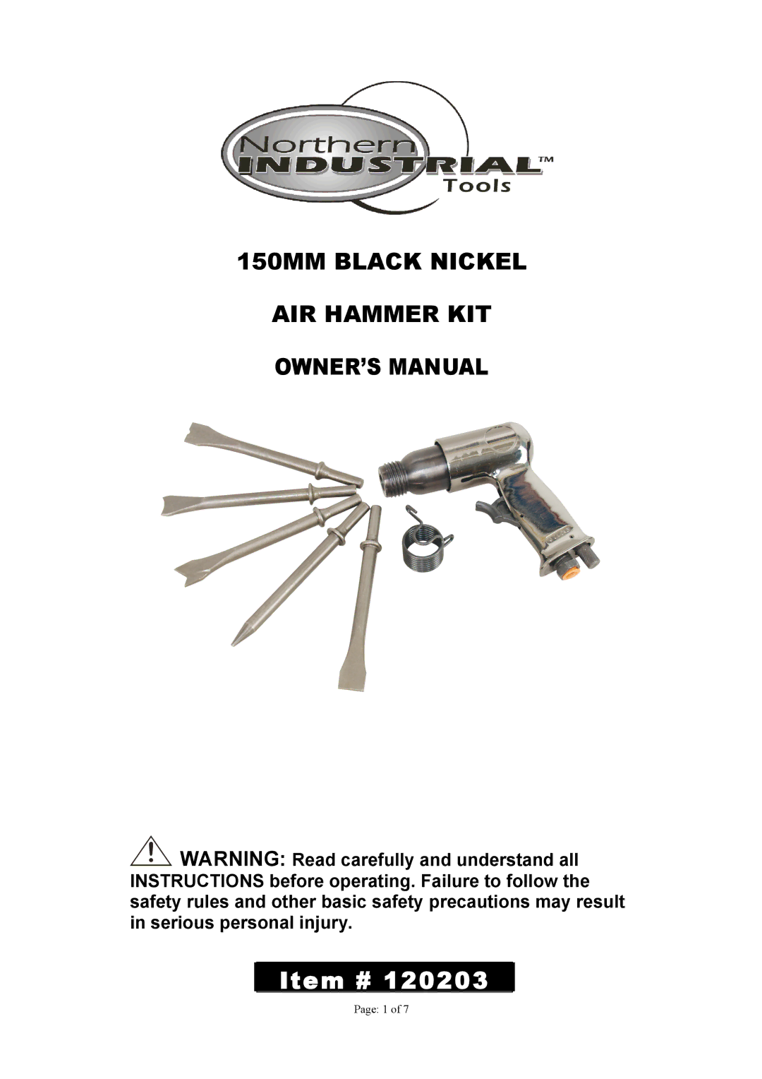 Northern Industrial Tools 120203 owner manual 150MM Black Nickel AIR Hammer KIT 