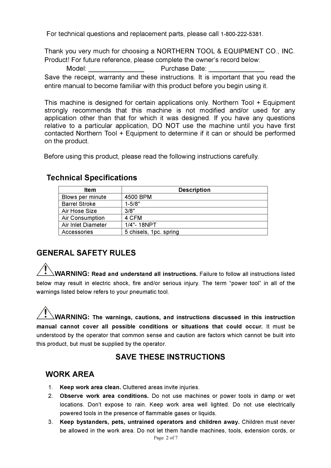 Northern Industrial Tools 120203 owner manual Technical Specifications, Description 