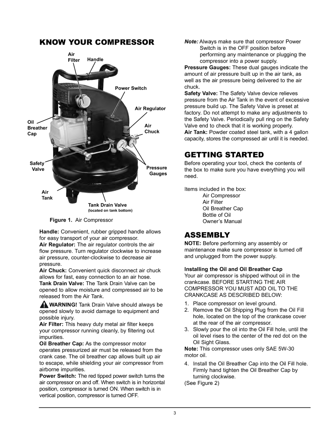 Northern Industrial Tools 123006 Know Your Compressor, Getting Started, Assembly, Installing the Oil and Oil Breather Cap 