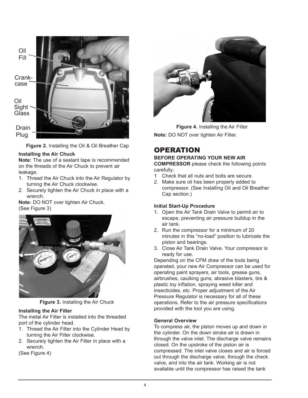 Northern Industrial Tools 123006 manual Operation, Installing the Air Chuck, Installing the Air Filter, General Overview 