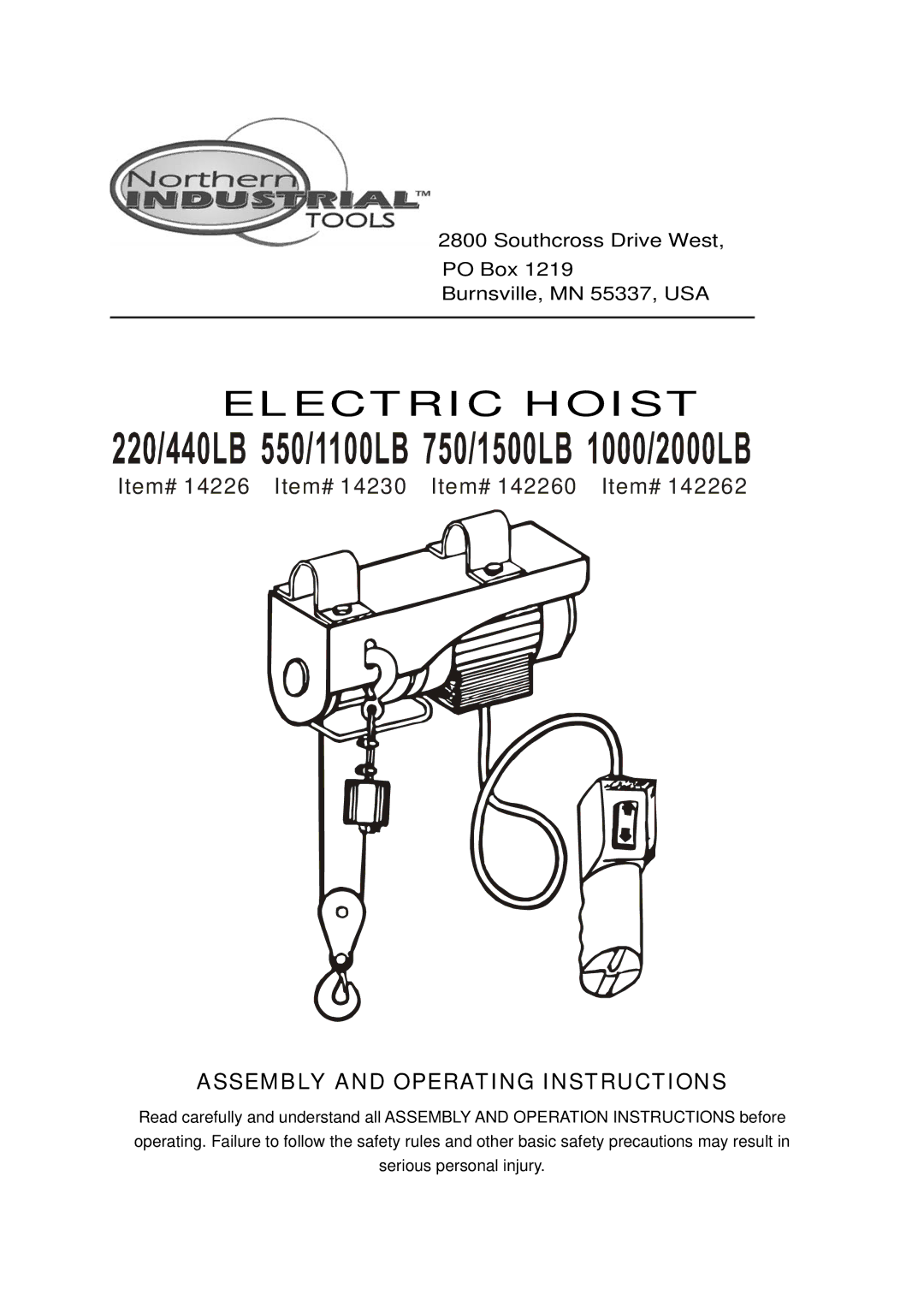 Northern Industrial Tools 14230, 142262, 142260 operating instructions Electric Hoist, Assembly and Operating Instructions 