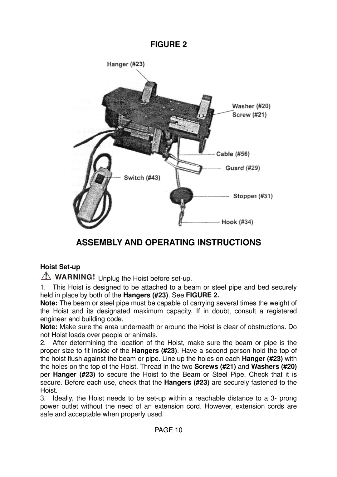 Northern Industrial Tools 142260, 142262, 14230 operating instructions Assembly and Operating Instructions, Hoist Set-up 