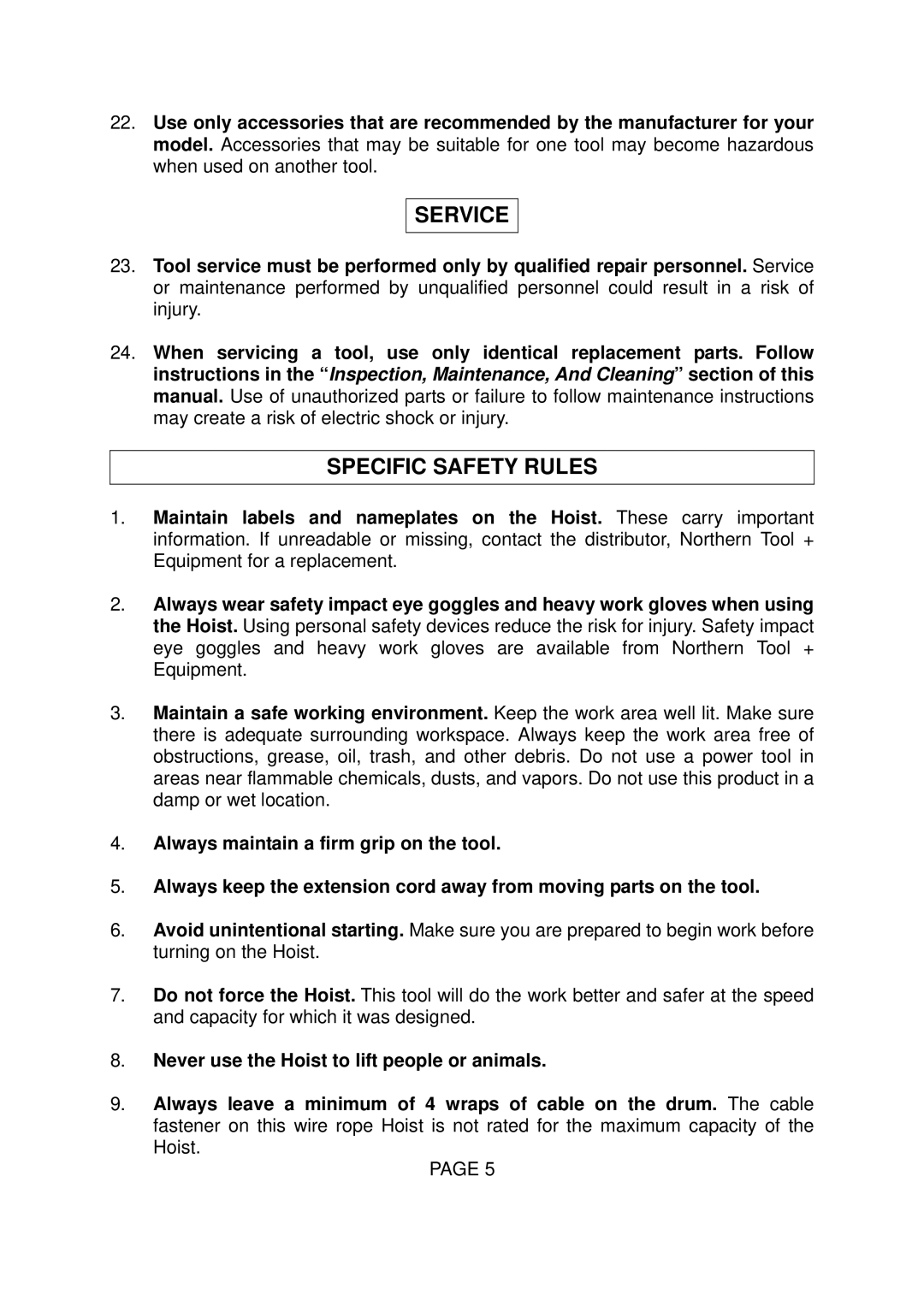 Northern Industrial Tools 14230, 142262, 142260 operating instructions Service, Specific Safety Rules 