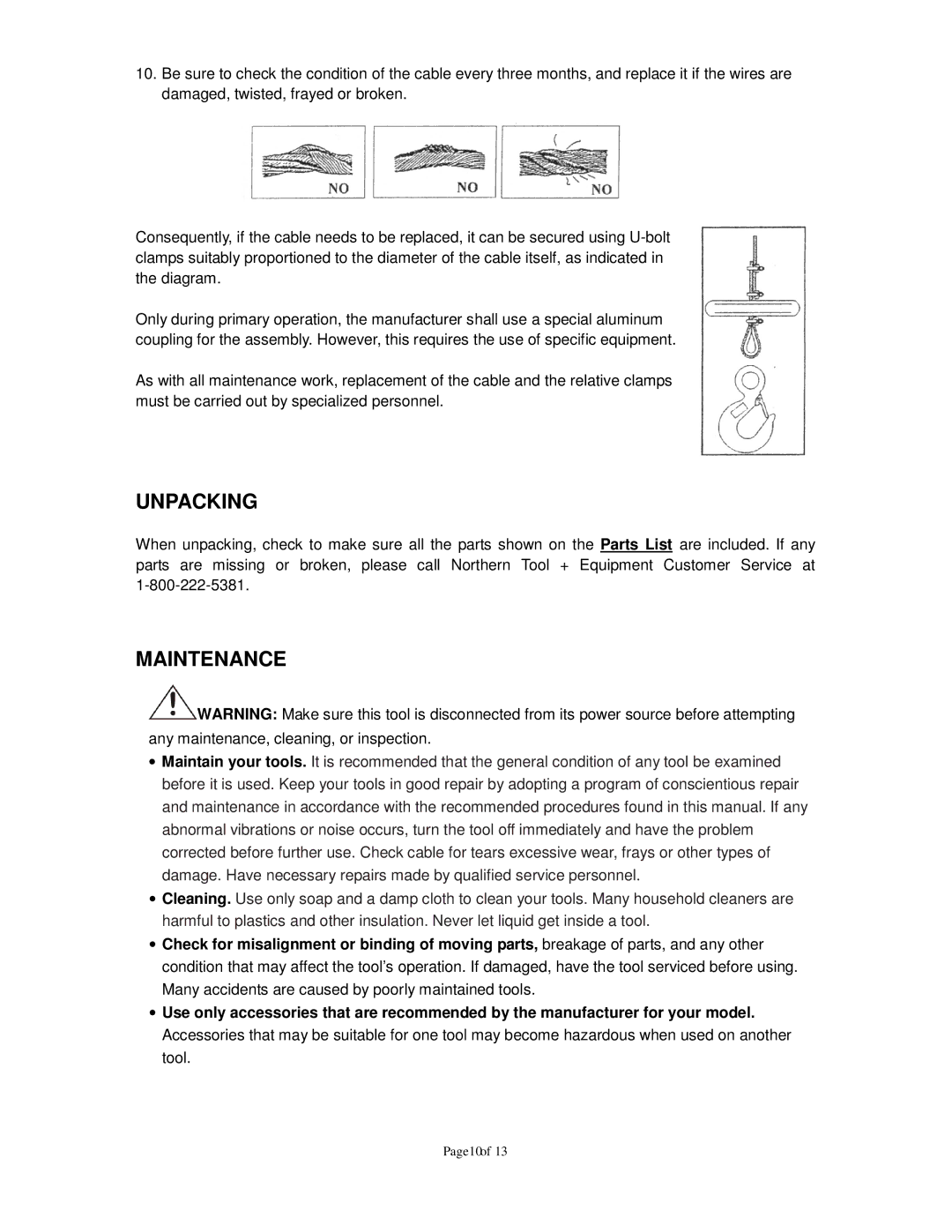 Northern Industrial Tools 142264 owner manual Unpacking, Maintenance 