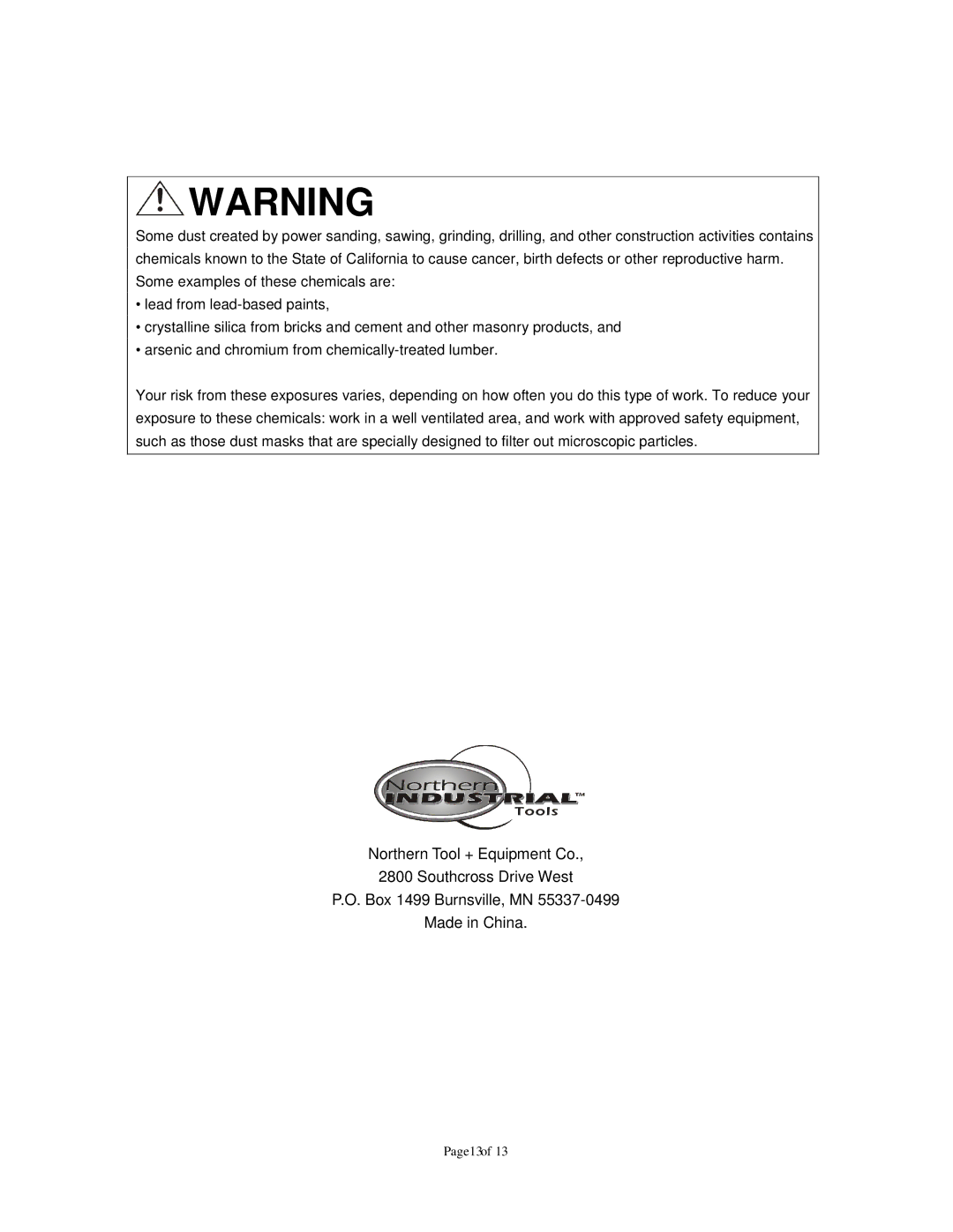 Northern Industrial Tools 142264 owner manual Page13of 