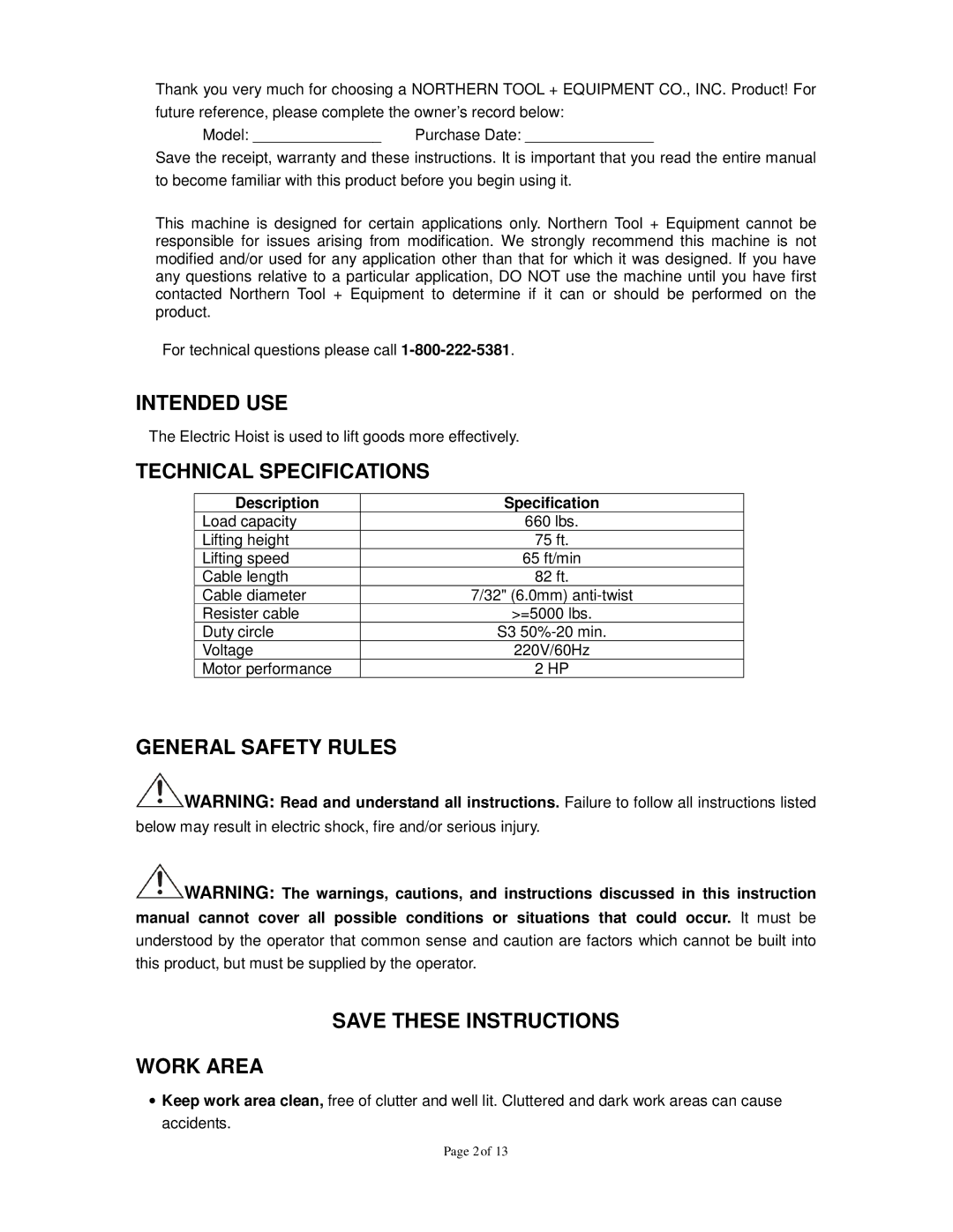 Northern Industrial Tools 142264 owner manual Intended USE, Technical Specifications, General Safety Rules, Work Area 