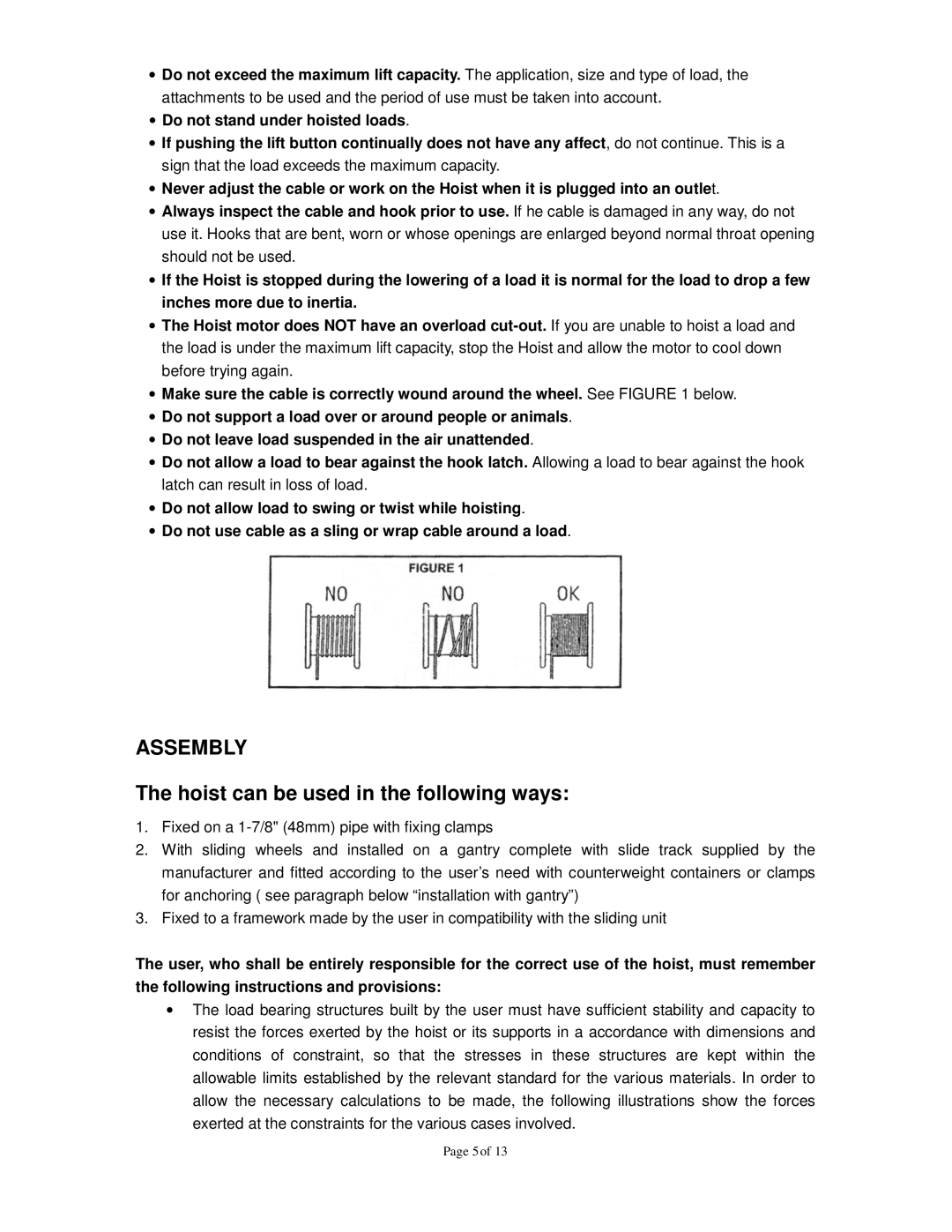 Northern Industrial Tools 142264 owner manual Assembly, Hoist can be used in the following ways 