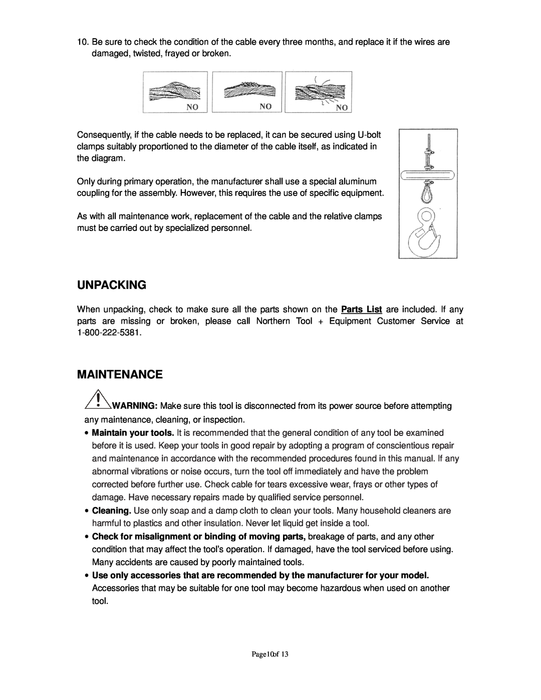 Northern Industrial Tools 142264 owner manual Unpacking, Maintenance, Page10of 