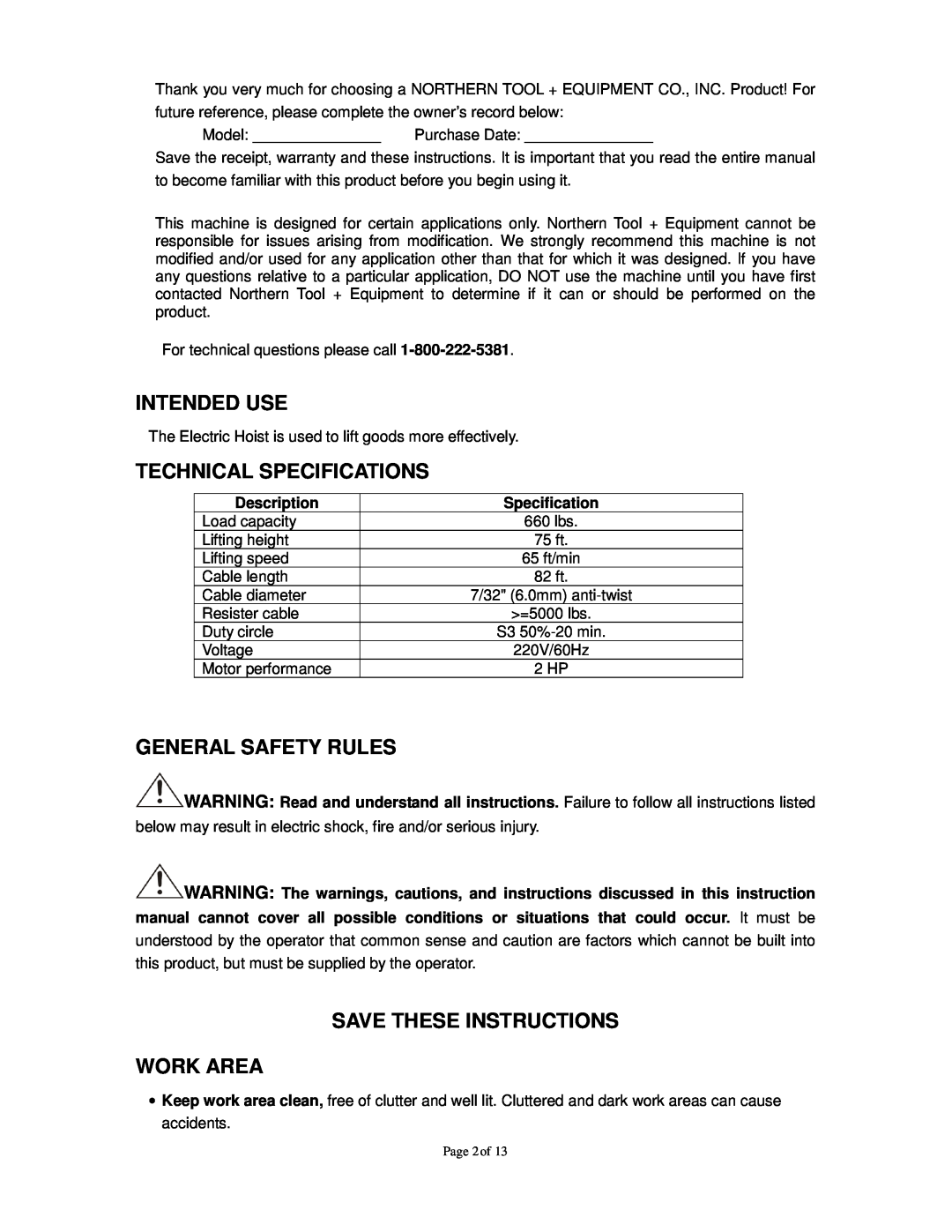 Northern Industrial Tools 142264 owner manual Intended Use, Technical Specifications, General Safety Rules, Description 