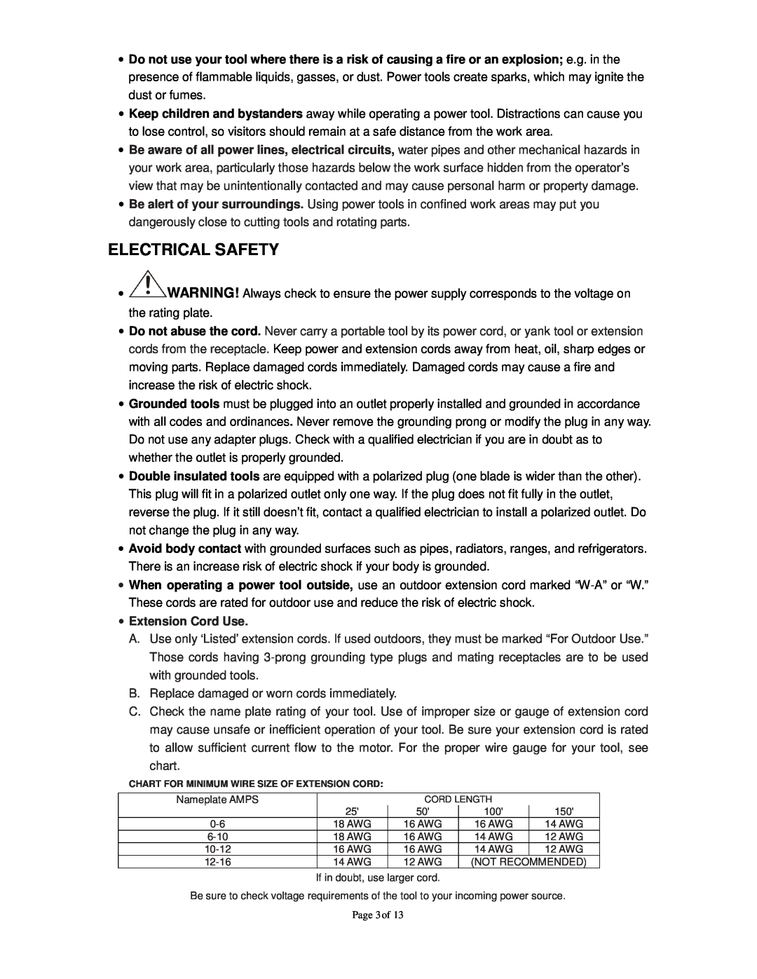 Northern Industrial Tools 142264 owner manual Electrical Safety, Extension Cord Use 