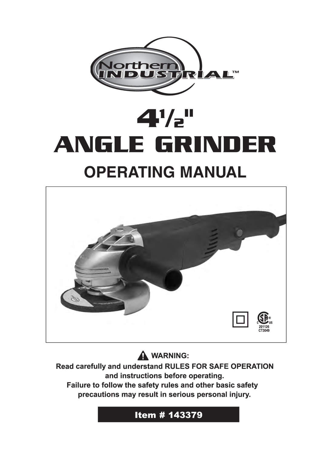 Northern Industrial Tools 143379 manual 41/2 