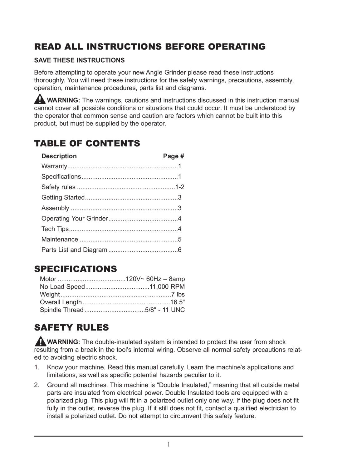 Northern Industrial Tools 143379 Read ALL Instructions Before Operating, Table of Contents, Specifications, Safety Rules 