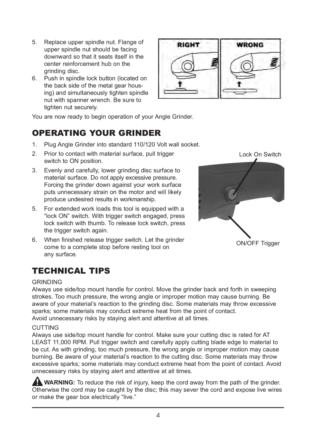 Northern Industrial Tools 143379 manual Operating Your Grinder, Technical Tips 