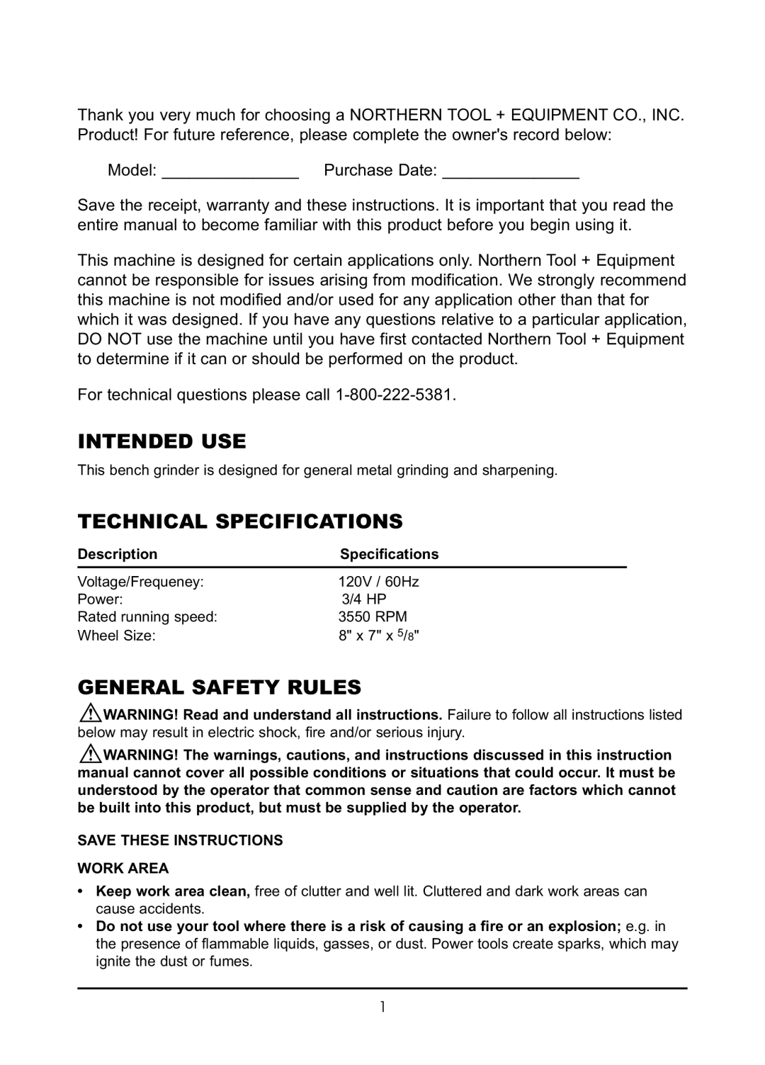 Northern Industrial Tools 143388 Intended USE, Technical Specifications, General Safety Rules, Description Specifications 