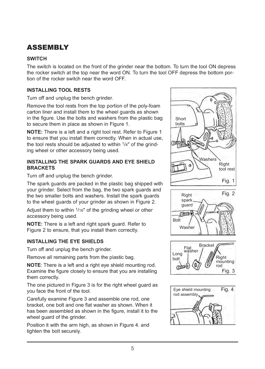 Northern Industrial Tools 143388 owner manual Assembly, Switch, Installing Tool Rests, Installing the EYE Shields 