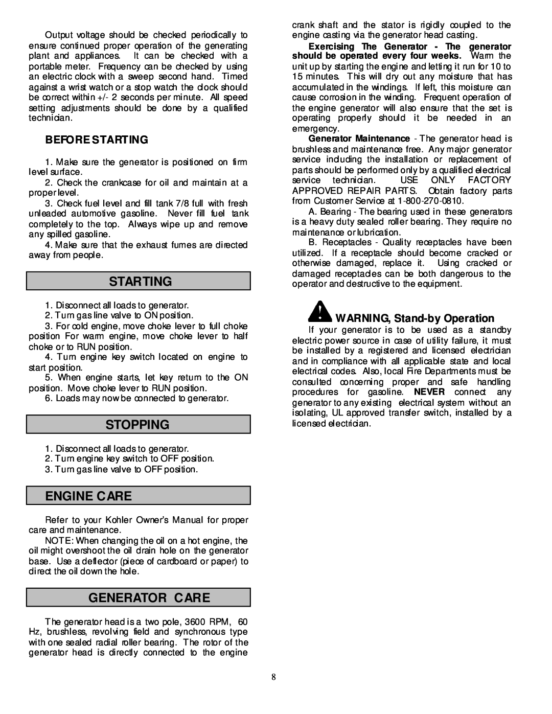 Northern Industrial Tools 15000 PPG owner manual Stopping, Engine Care, Generator Care, Before Starting 