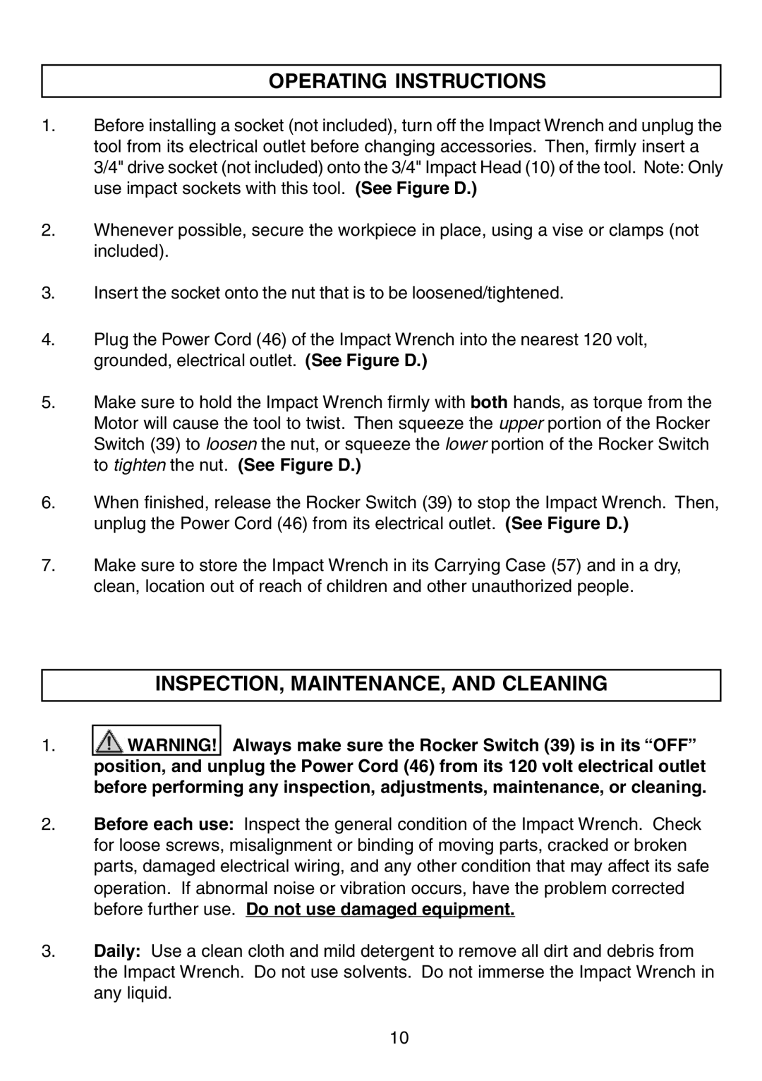 Northern Industrial Tools 150611 manual Operating Instructions, INSPECTION, MAINTENANCE, and Cleaning 