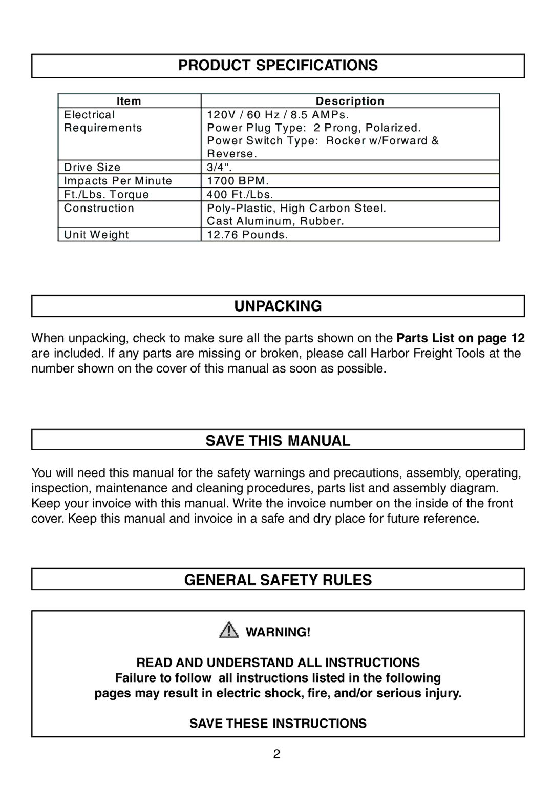 Northern Industrial Tools 150611 manual Product Specifications, Unpacking, Save this Manual, General Safety Rules 