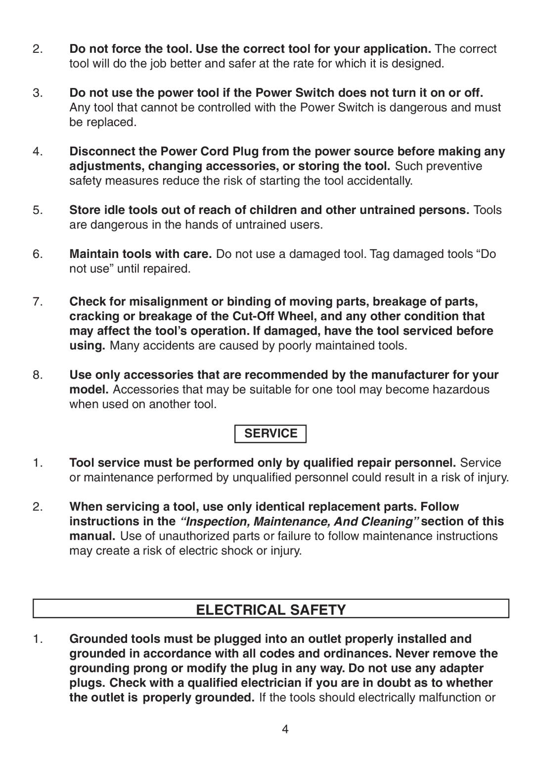 Northern Industrial Tools 150611 manual Electrical Safety, Service 