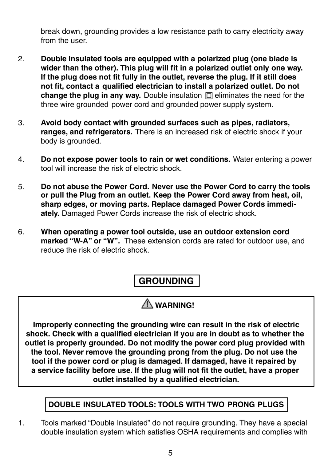 Northern Industrial Tools 150611 manual Grounding, Double Insulated Tools Tools with TWO Prong Plugs 