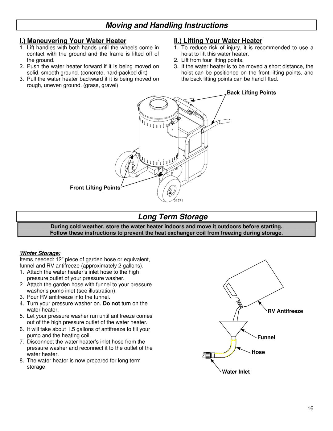 Northern Industrial Tools 157494 Moving and Handling Instructions, Long Term Storage, Maneuvering Your Water Heater 