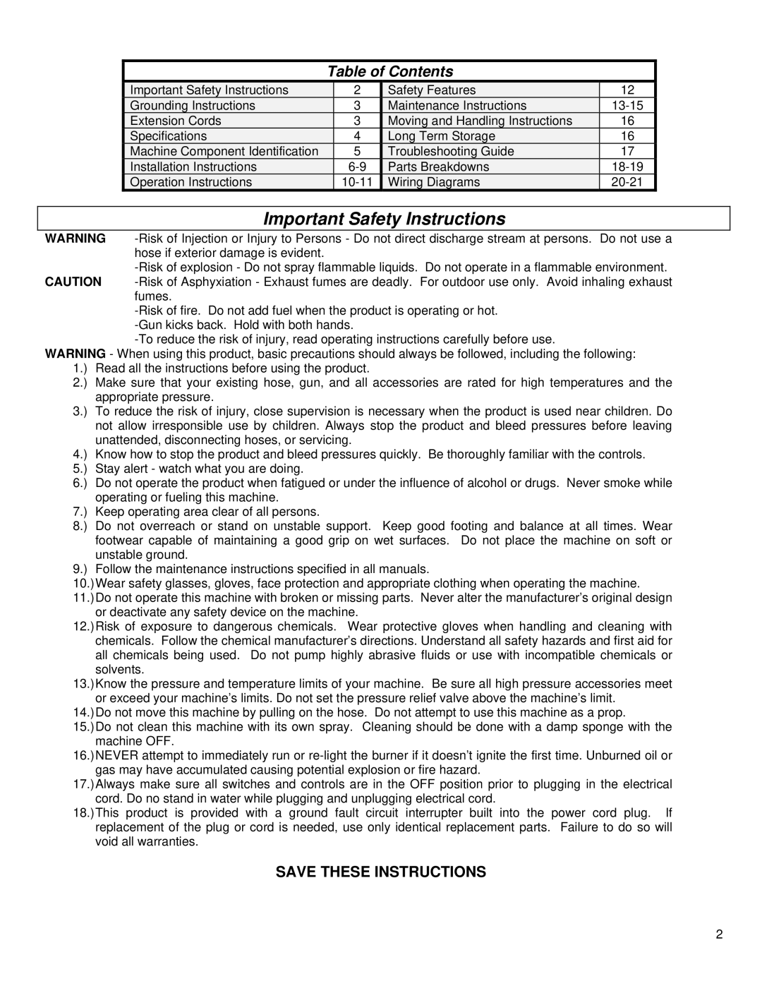 Northern Industrial Tools 157494 specifications Important Safety Instructions, Table of Contents 