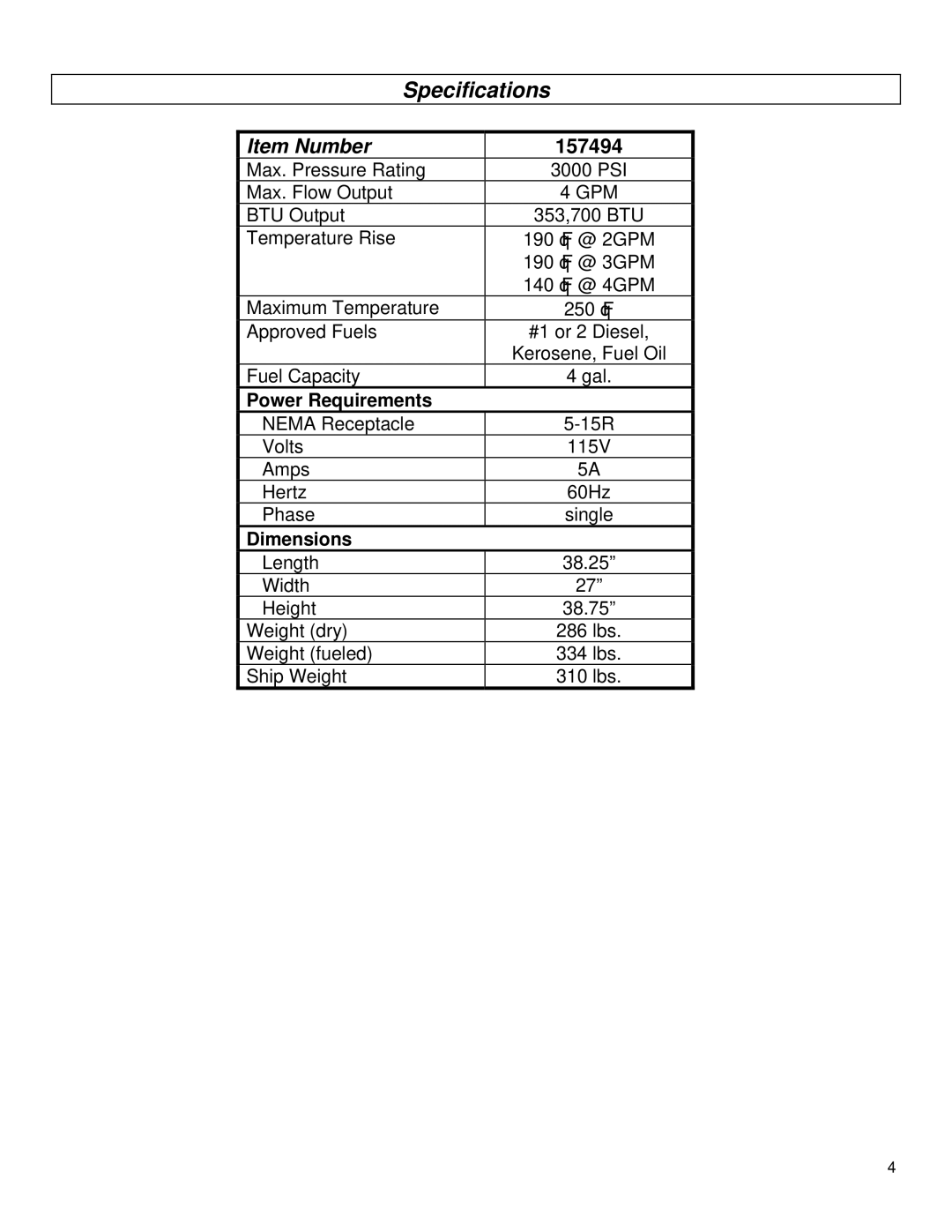 Northern Industrial Tools 157494 specifications Specifications, Power Requirements, Dimensions 