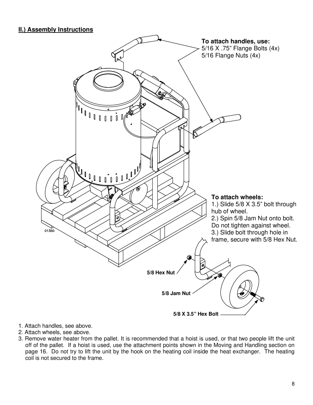 Northern Industrial Tools 157494 specifications II. Assembly Instructions, To attach wheels, Hex Nut Jam Nut X 3.5 Hex Bolt 