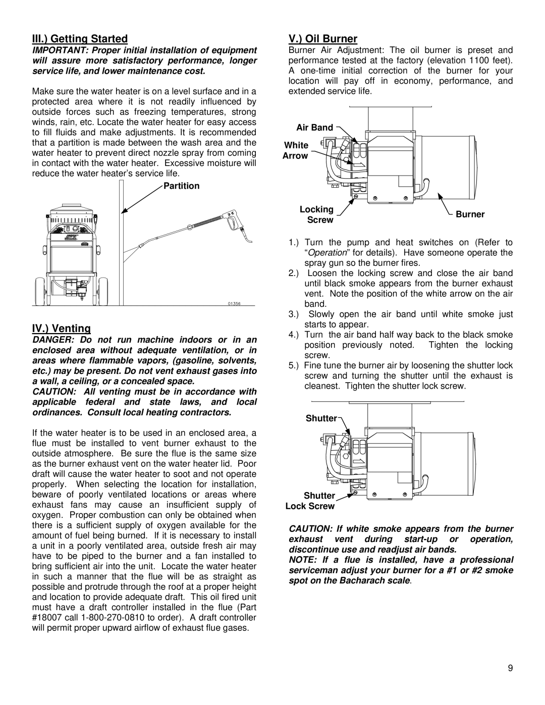 Northern Industrial Tools 157494 specifications III. Getting Started, IV. Venting, Oil Burner 